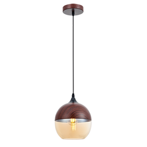 Dallas III - Lámpara colgante de interior acabado madera y cristal ámbar, 1 luz